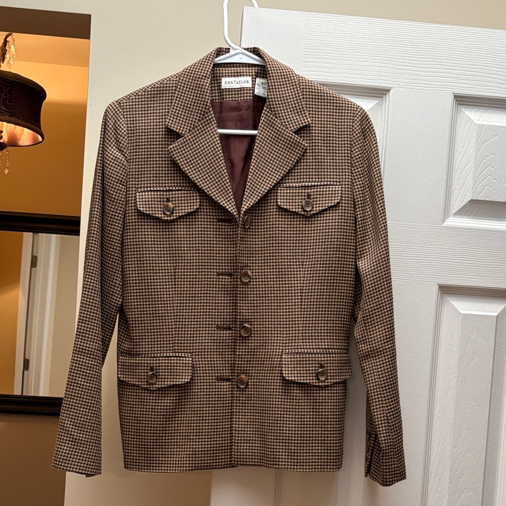 Ann Taylor blazer houndstooth single-breasted- brown check wool blend Size 4 EUC